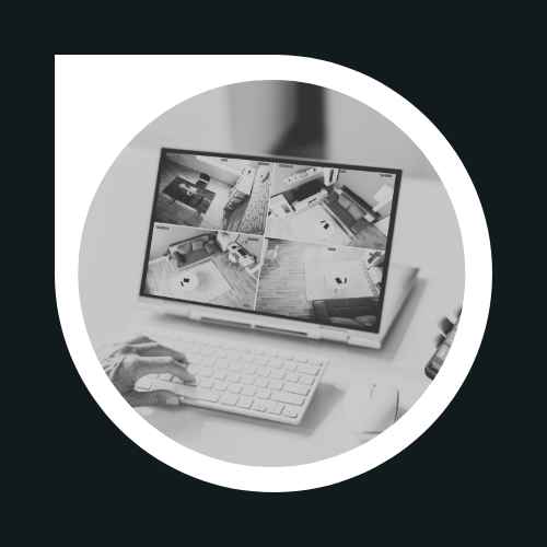 En esta ilustración se muestra una persona con una tablet informática , la tablet muestra el monitoreo de cámaras para casa.