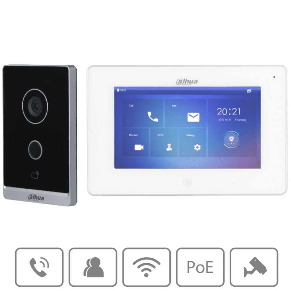 La imagen muestra un dispositivo de videoportero integrado con otras soluciones de seguridad para el hogar o negocio. Este kit en particular consta de Kit de Videoportero WiFi/ Monitor con Pantalla de 7"/ 6 Entradas de Alarmas/ 8 Zonas de Alarma Inalámbricas/ Ranura MicroSD/ Graba y Captura Imágenes/ Camara de 2MP con WDR Real e IR/ Controla 2 Puertas/ Apertura con Tarjeta/